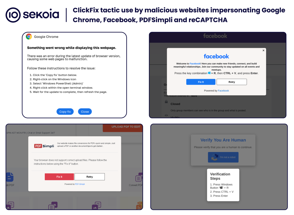 Examples of malicious websites impersonating Google Chrome, Facebook, PDFSimpli, and reCAPTCHA, using the ClickFix tactic