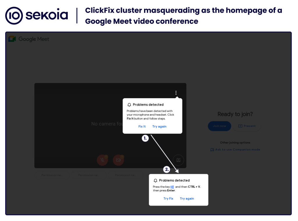 ClickFix cluster masquerading Google Meet video conference displaying a pop-up faking technical issues