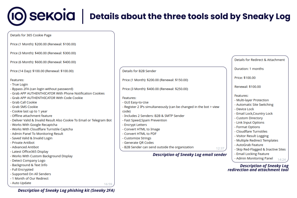 Details about the three tools sold by Sneaky Log’s Telegram bot.
Source : Sekoia TDR Team investigation about Sneaky 2FA