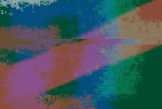 multi-coloured background with code floating between blocks