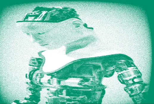 Robot graphic, with green filter and blurry overlay.