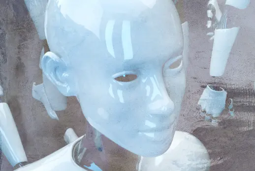 Blue robot with a humanoid face, slightly blurred.