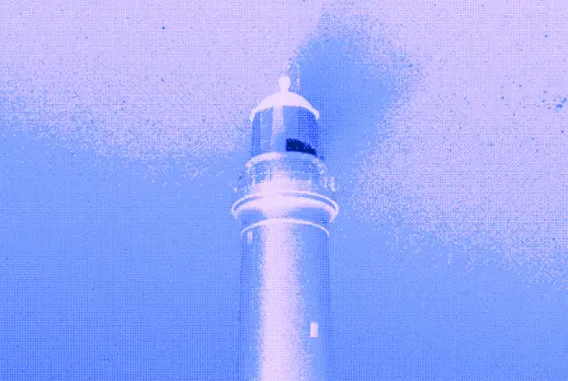 A lighthouse against a pastel pink and blue background