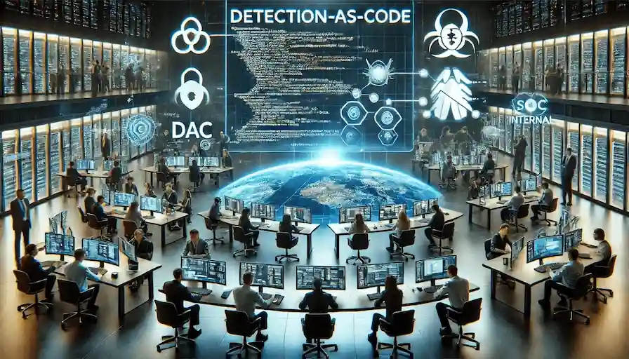 Security operations center with analysts at workstations below a Detection-as-Code display