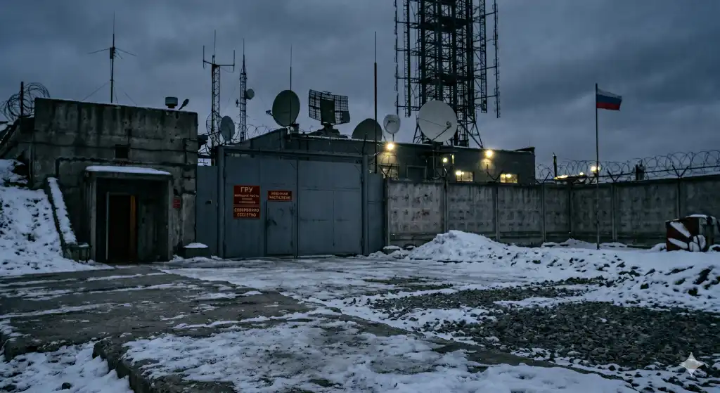 Snow-covered military signals site with satellite dishes, barbed wire and a Russian flag