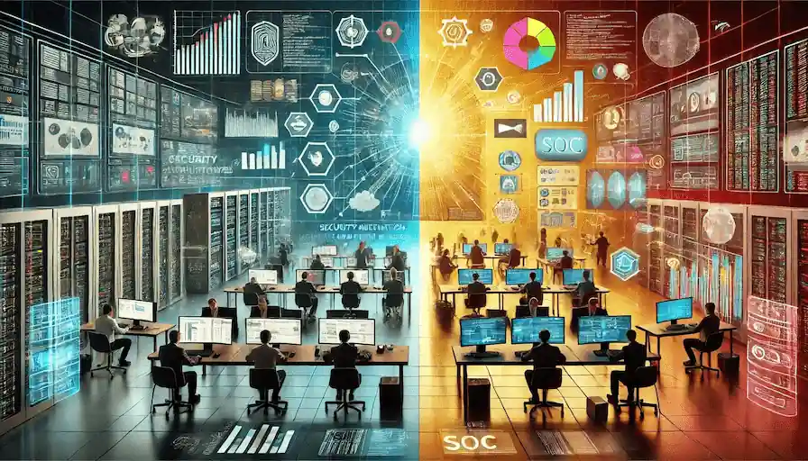 Split-screen illustration comparing two security operations centers, one cool-toned, one warm