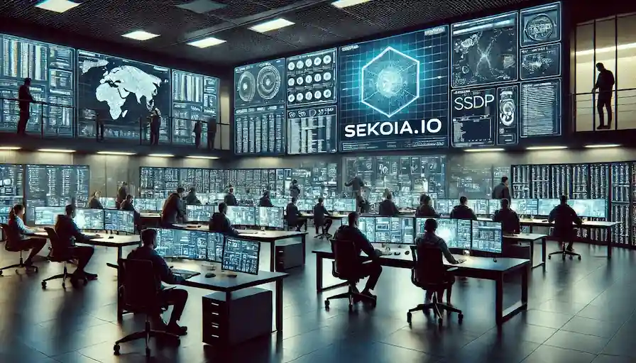 Security operations center with analysts monitoring wall-mounted threat dashboards