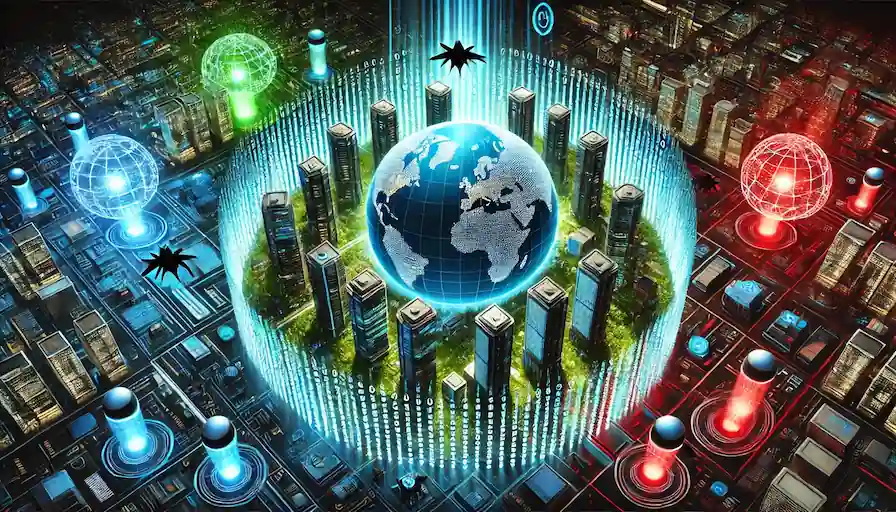 Illustration of a globe shielded within a digital cityscape, threats radiating outward