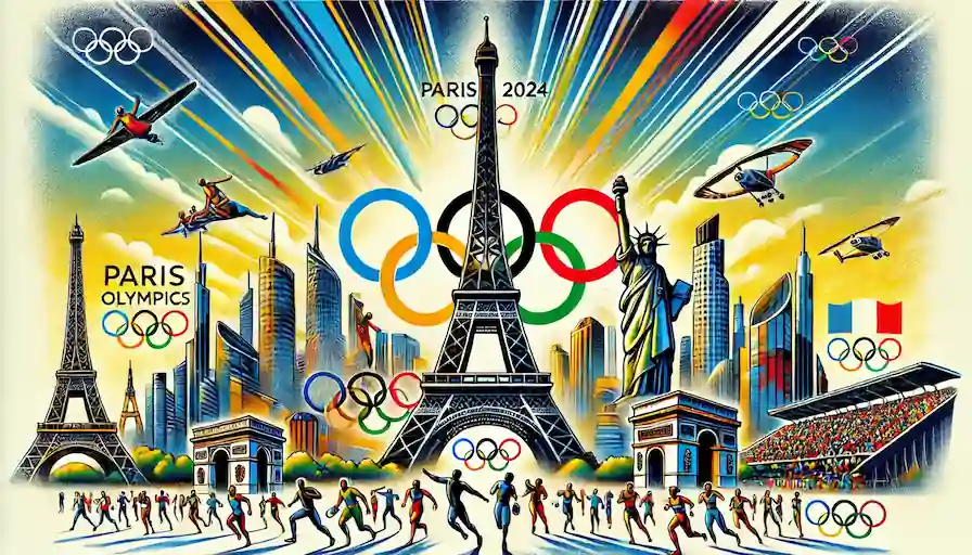 Illustration of Paris landmarks and athletes during a major international sporting event