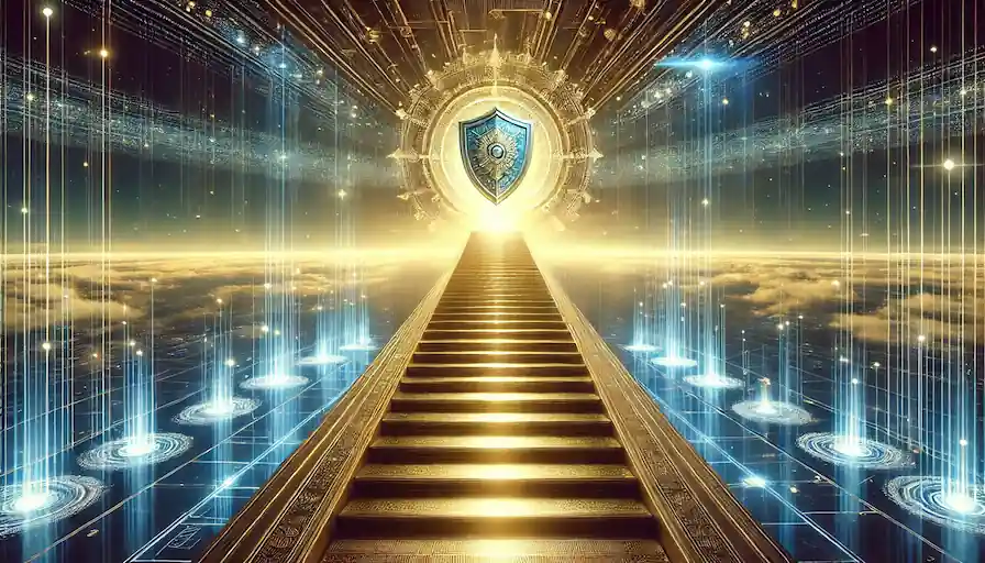 Illustration of a golden staircase rising toward a glowing shield above a digital plane