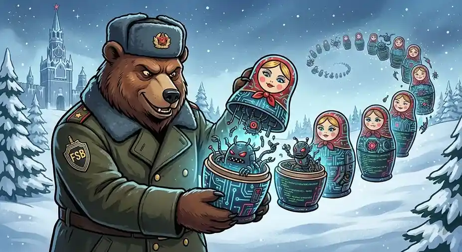 Cartoon bear in military uniform opening matryoshka dolls that reveal malware creatures