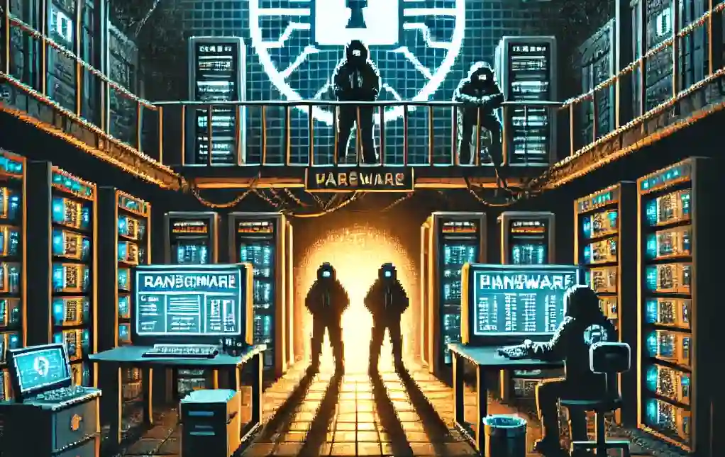 Illustration of hooded figures in a server room lit by ransomware dashboards