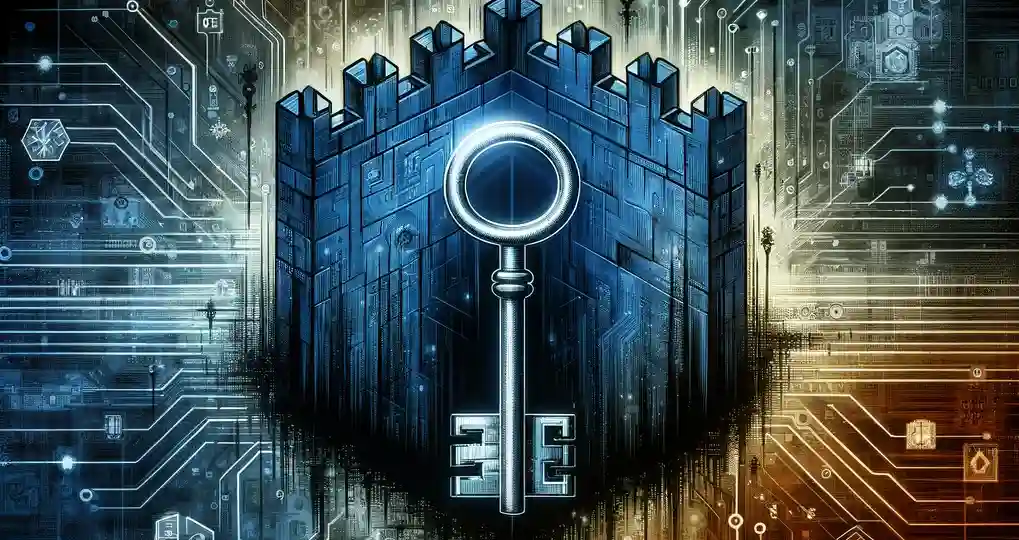 Illustration of a key over a fortified wall against a circuit board background