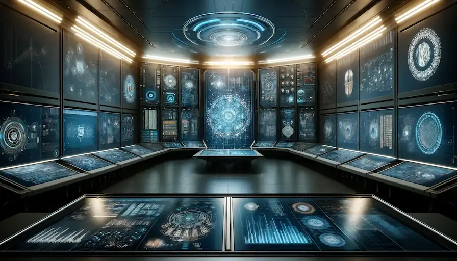 Illustration of an empty futuristic control room lined with data dashboards
