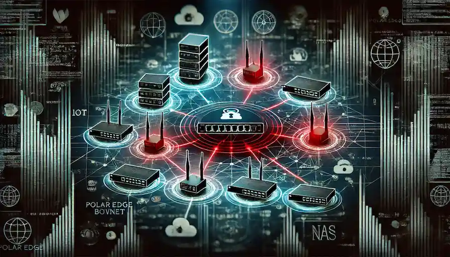 Illustration of compromised network devices linked to a central node in a botnet