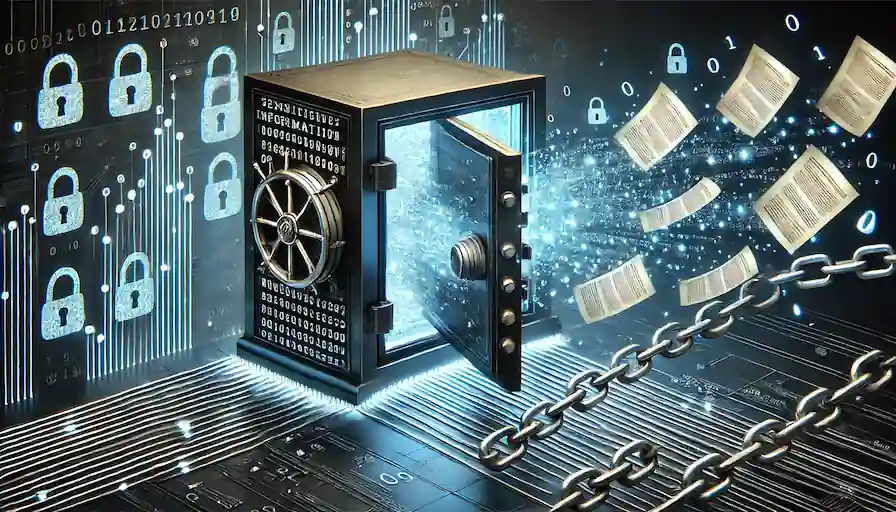 Illustration of an open safe with documents escaping alongside a broken chain