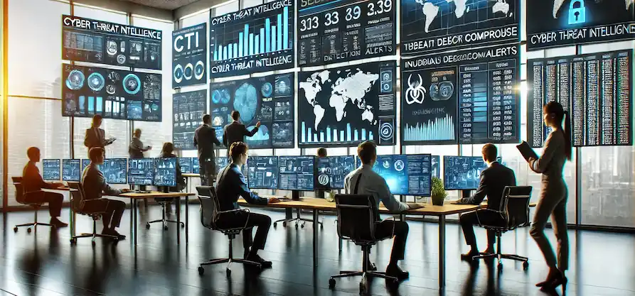 Illustration of analysts in a bright office working beneath cyber threat intelligence dashboards
