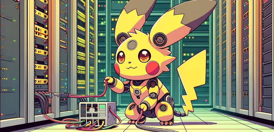 Illustration of a yellow robotic creature, pikabot, plugging cables into a server rack
