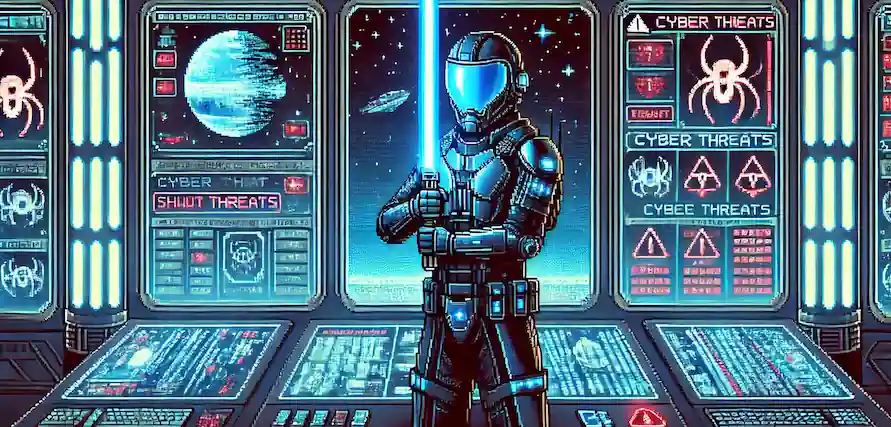 Illustration of an armored figure holding a glowing blade in a control room facing threat screens