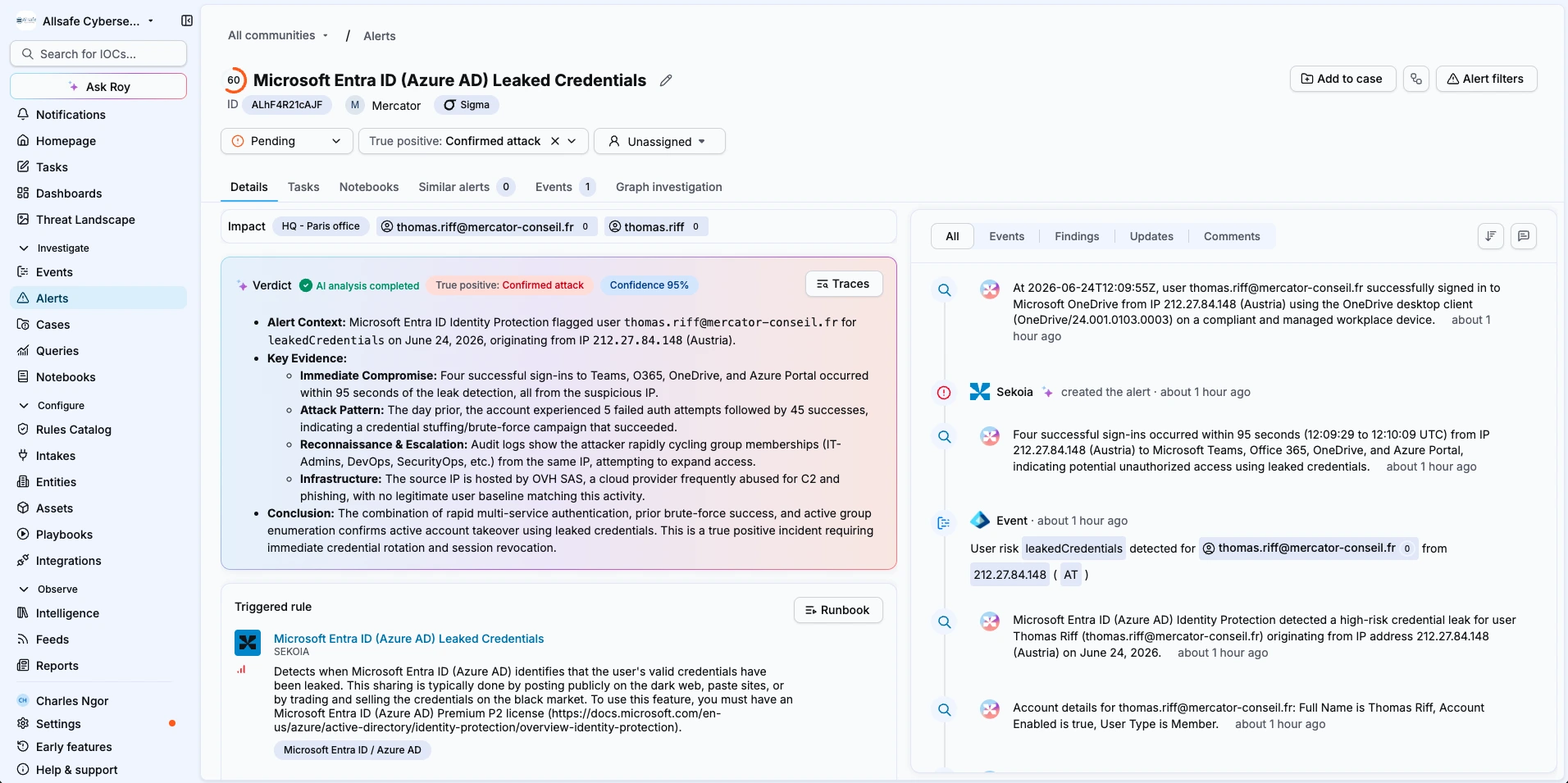 An alert timeline within the Sekoia platform.