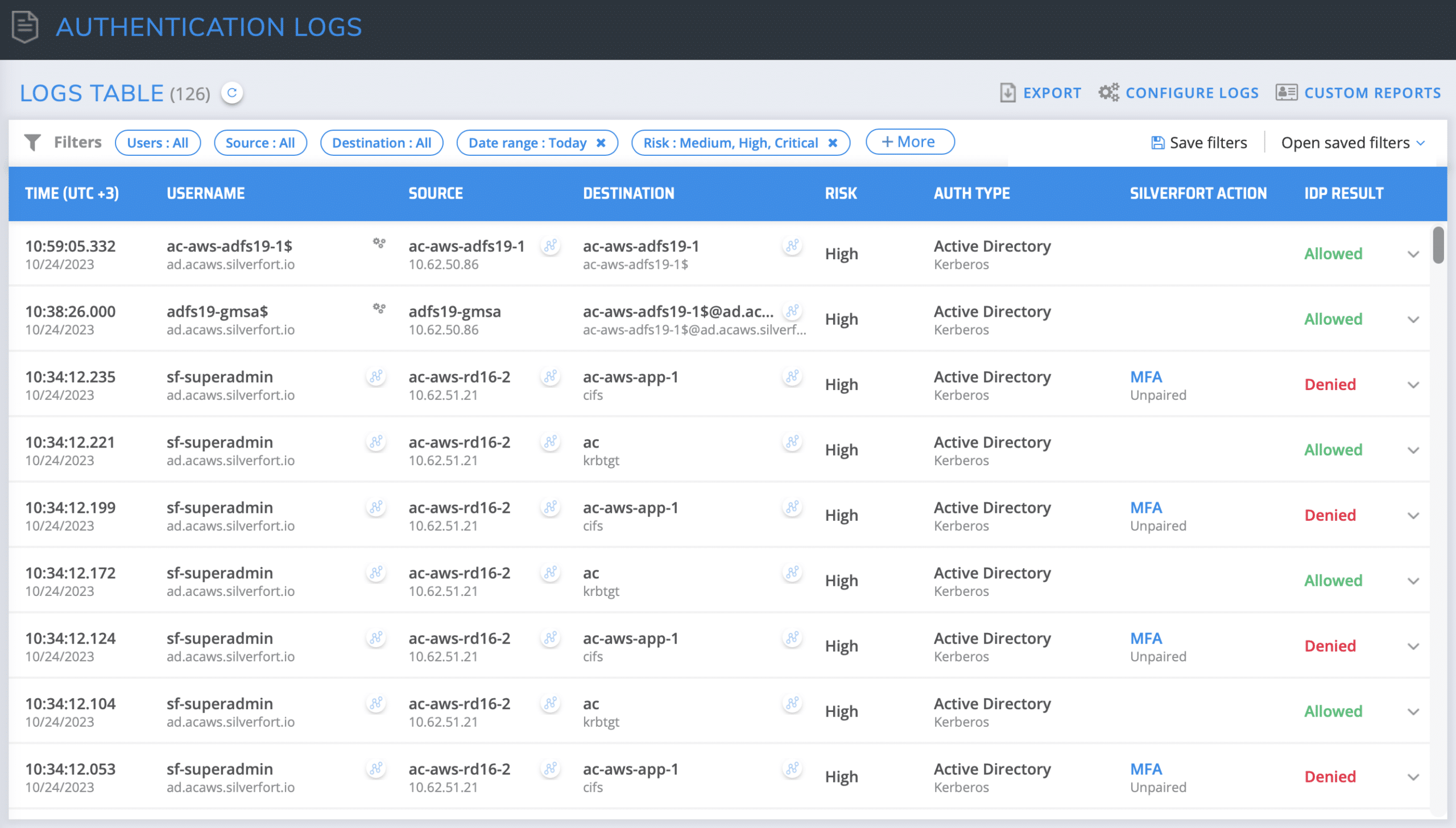 Silverfort’s authentication logs screen