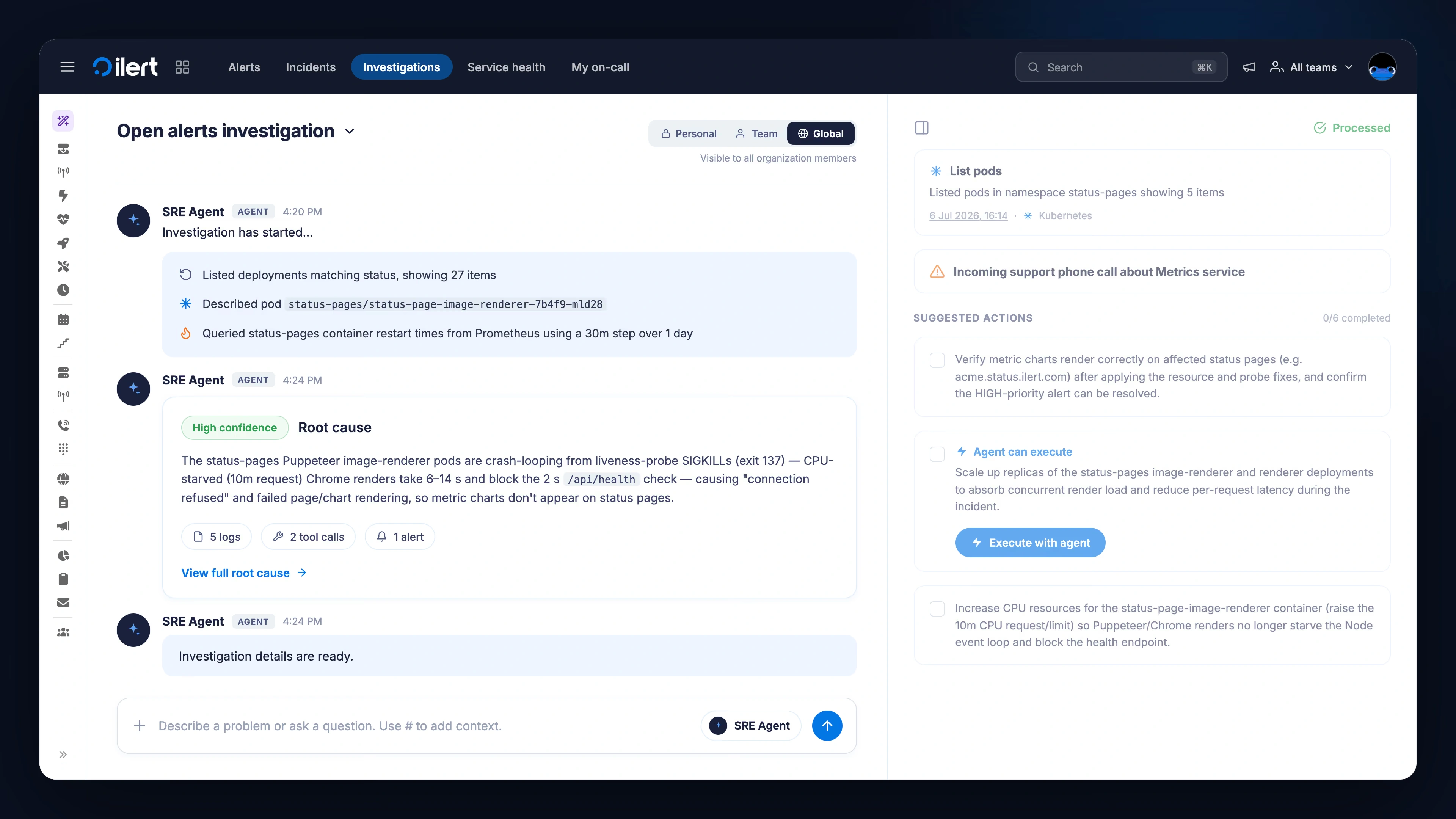 ilert open alerts investigation dashboard