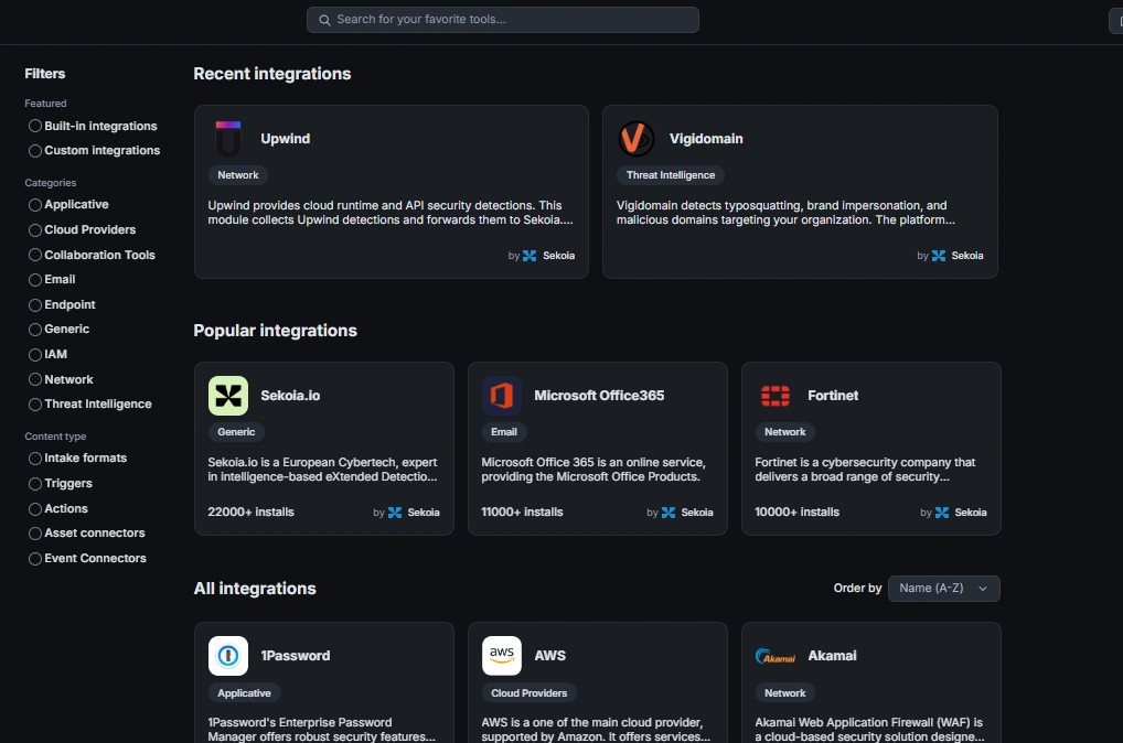 A preview of integrations available in Sekoia.