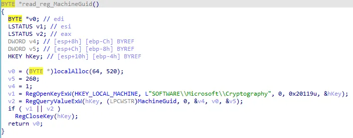 Fingerprinting of the MachineGuid via the Registry. (Raccoon stealer)