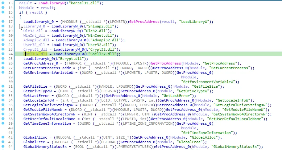 Part of the decompiled function which executes the run-time dynamic linking. (Raccoon stealer)