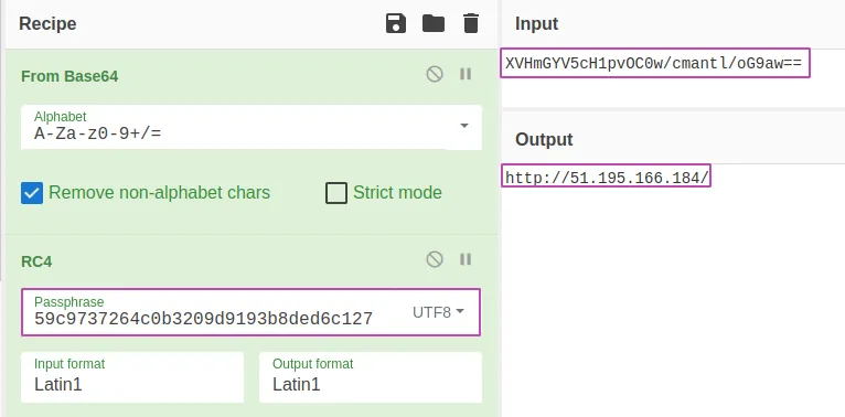 CyberChef recipe to deobfuscate the C2 URLs. (Raccoon stealer)