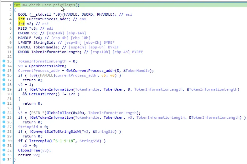 Code checking current permissions. (Raccoon stealer)
