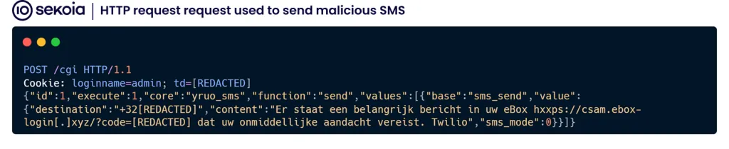 HTTP request used to send malicious SMS
