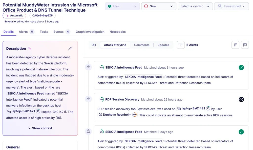 SOC dashboard showing a potential MuddyWater cyber intrusion detected by Sekoia.io platform with alerts, attack storyline, and incident context