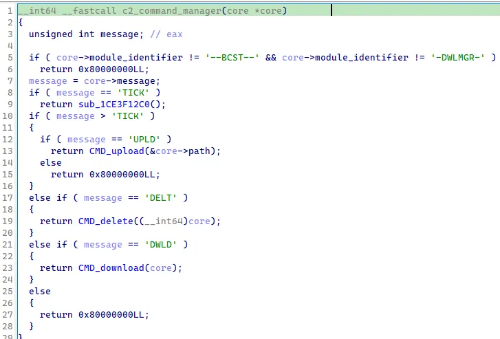 Module dispatcher function with the message parsing of the dwlmgr DLL
