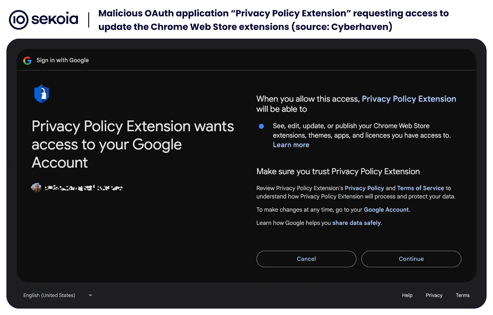 Malicious OAuth application “Privacy Policy Extension” requesting access to update the Chrome Web Store extensions (Source: Cyberhaven).