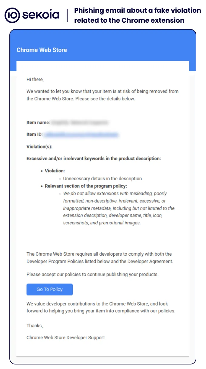 Phishing email about a fake violation related to the Chrome extension.