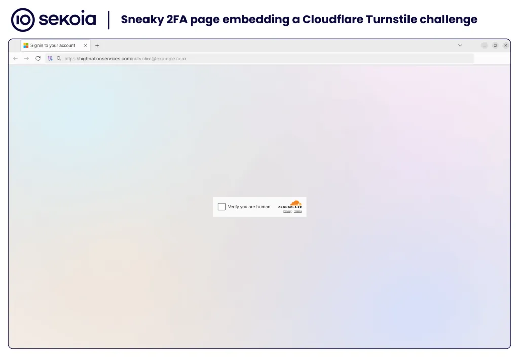 Sneaky 2FA page embedding a Cloudflare Turnstile challenge