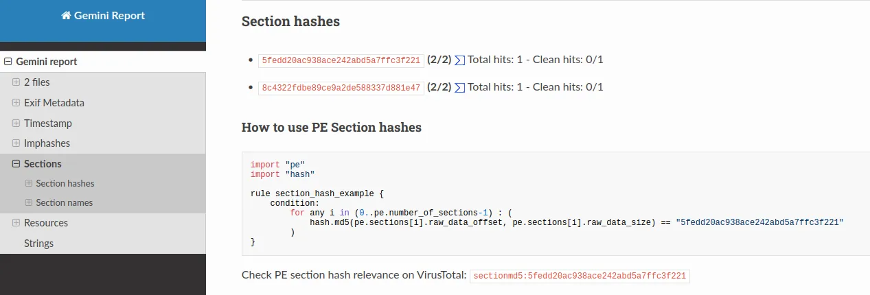 Gemini is a simple tool, but very helpful when it comes to writing a YARA rule. Its goal is to find similarities in files submitted from Ariane or a CLI interface that can be used to create YARA rules. Gemini extracts metadata of the submitted files and, depending on the file type, it looks at similarities between files and extracts all relevant strings to compare them.