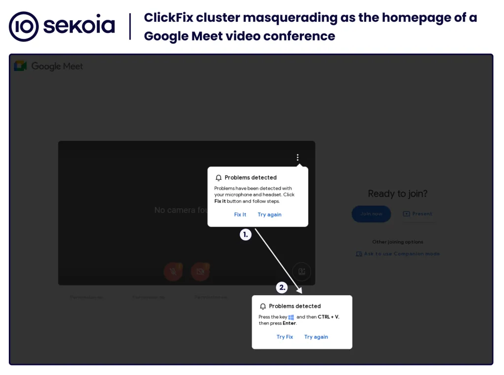 ClickFix cluster masquerading Google Meet video conference displaying a pop-up faking technical issues