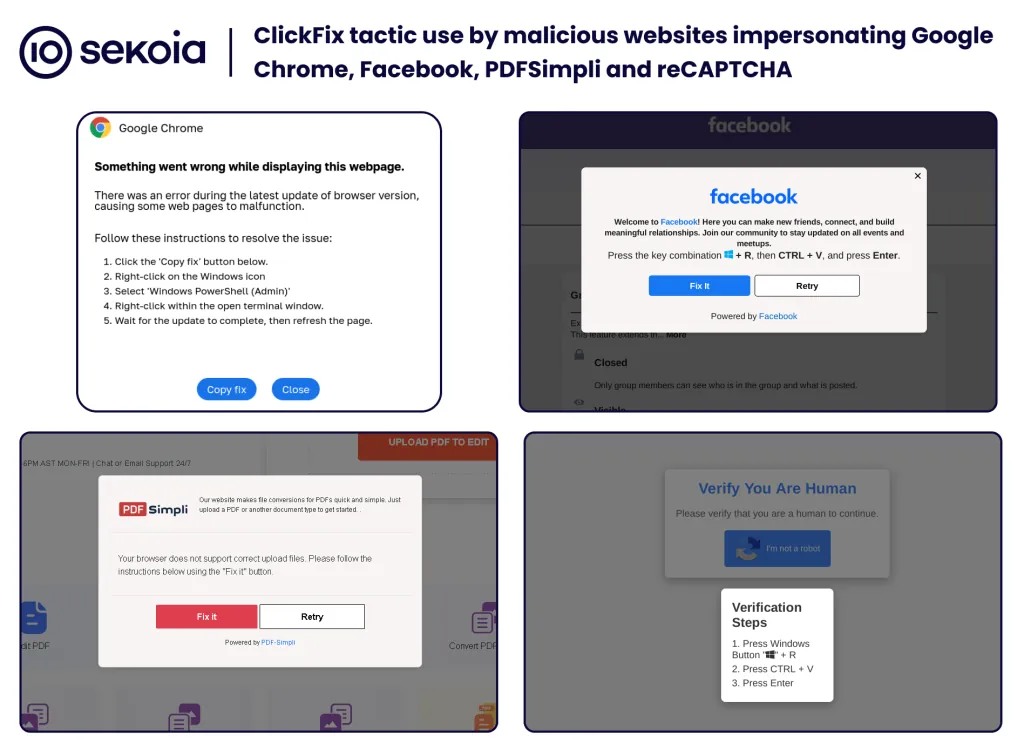 Examples of malicious websites impersonating Google Chrome, Facebook, PDFSimpli, and reCAPTCHA, using the ClickFix tactic